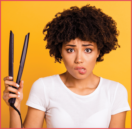 Close-up portrait of nice cute nervous unsure afraid scared wavy-haired lady holding in hands modern fashionable curling iron high temperature isolated on bright vivid shine yellow background 