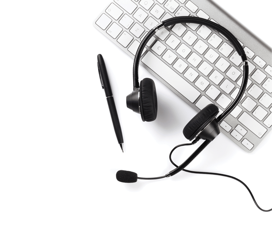 Headset, pen and keyboard  Call center support  Isolated on white background