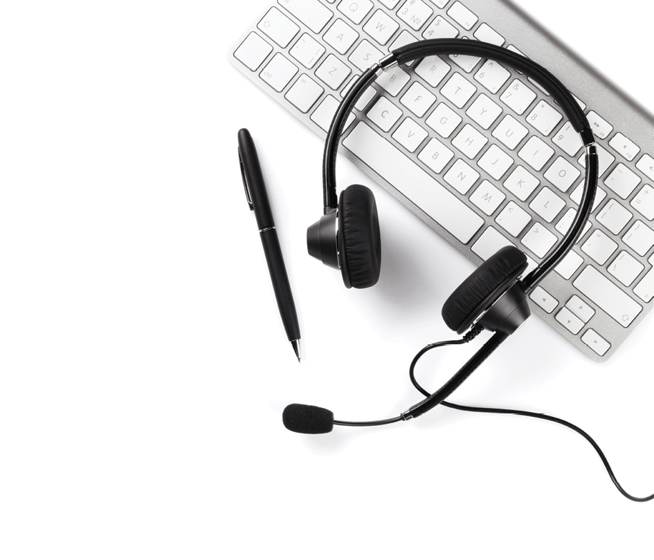Headset, pen and keyboard  Call center support  Isolated on white background